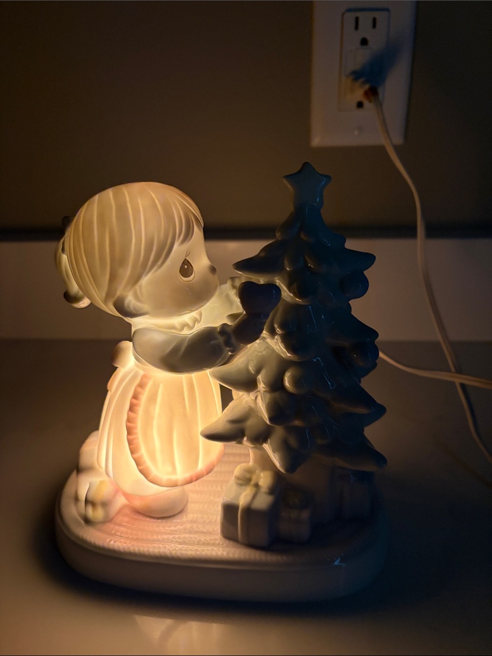 Precious Moments White Porcelain Girl with Christmas Tree Nightlight